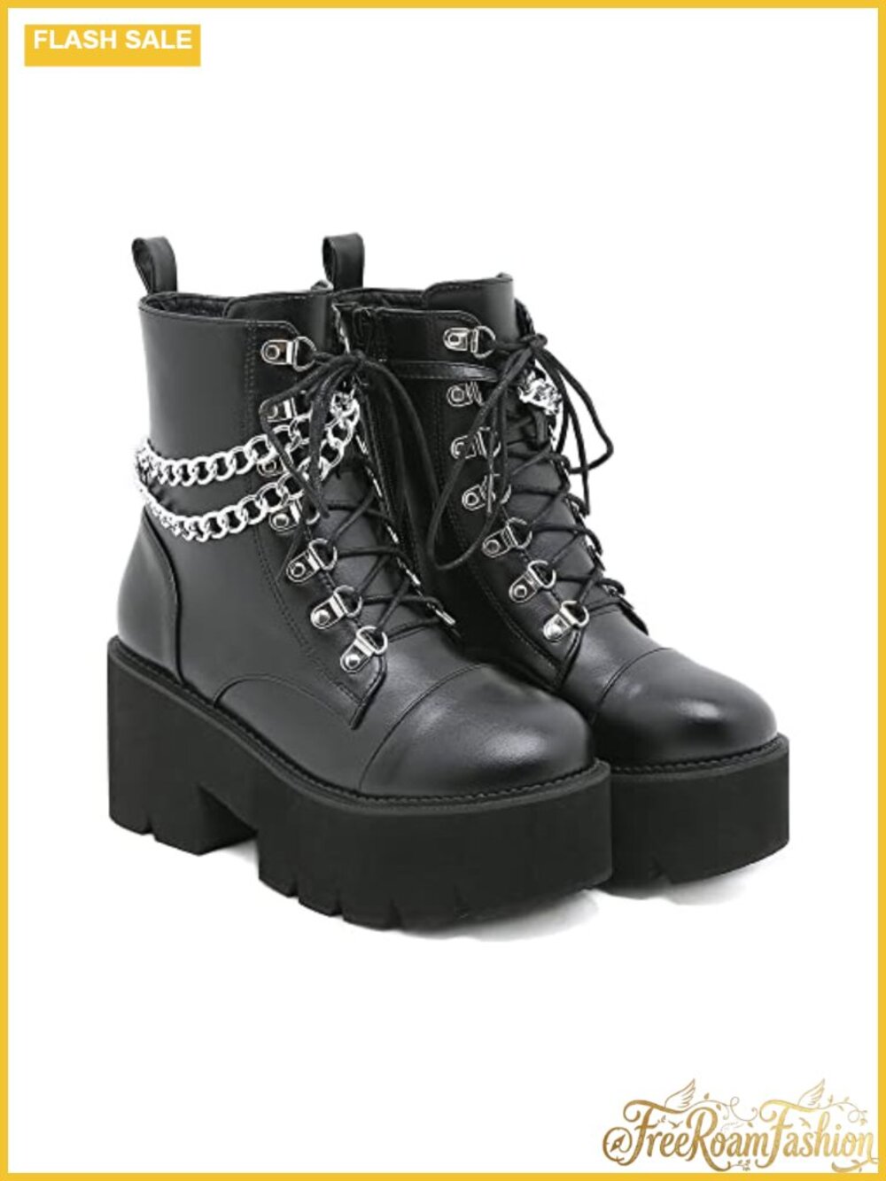 Platform Ankle Boots Round Toe Chunky Combat Lace Up Zipper PU Booties